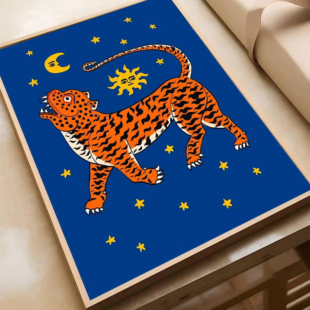 Wild Leopard Tiger Vase Flower Girl Power Poster Self-adhesive Art Waterproof Paper Sticker Coffee House Bar Room Wall Decor