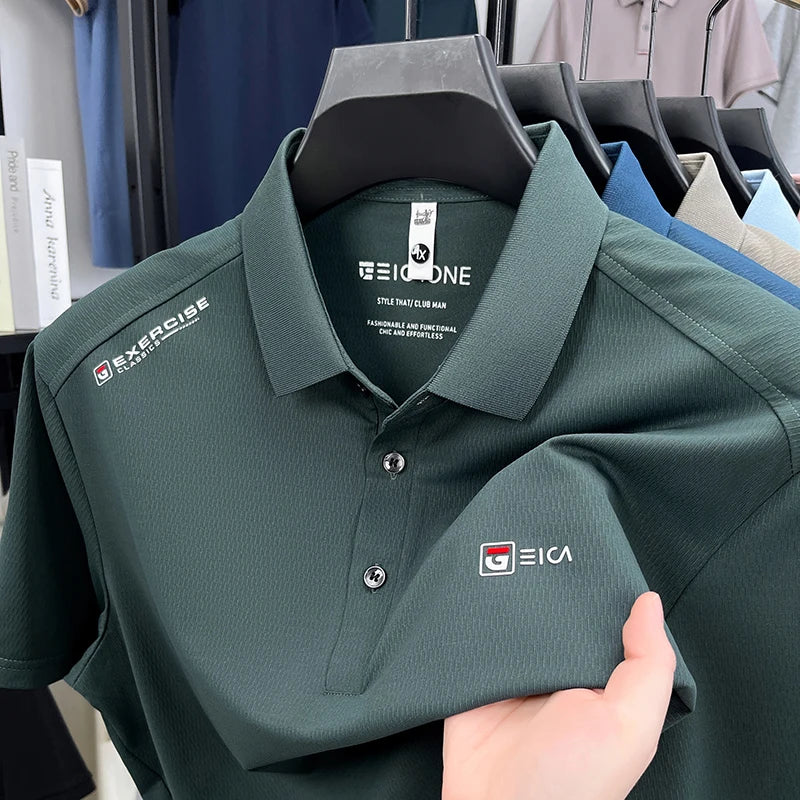 Luxury fashion men's short sleeve polo shirt summer new trend brand symbol embossed silky smooth loose breathable lapel T-shirt