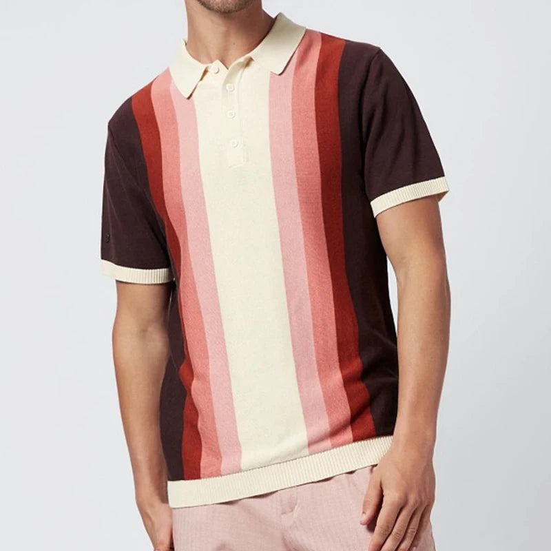 Vintage Patchwork Buttoned Lapel Mens Polo Shirts Knitting Short Sleeve Slim Fit Pullovers Men Summer Casual Knitted Polo Shirt
