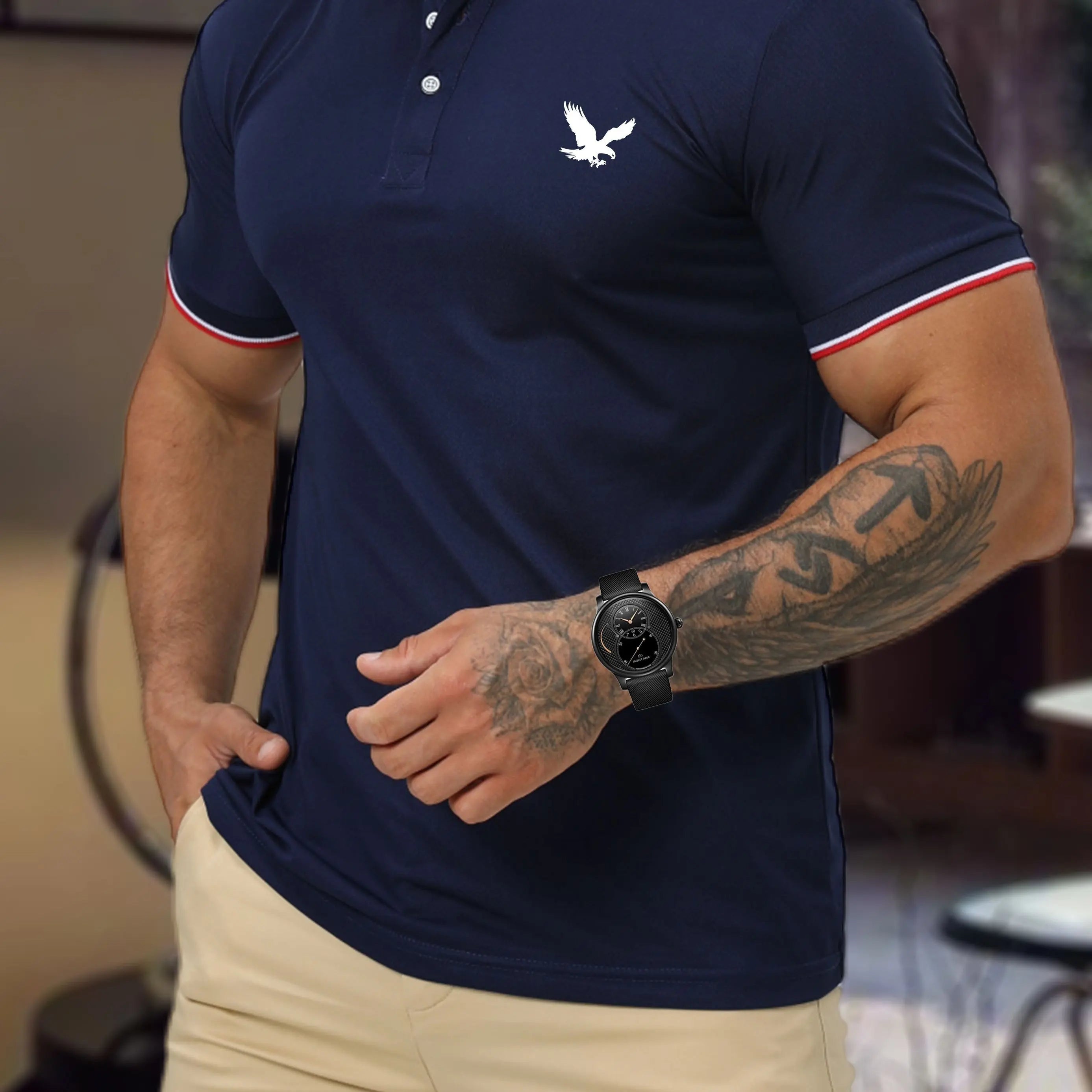 Men's Summer 100 Cotton Eagle Pattern Print Loose Large Casual Polo Collar Short Sleeve POLO Shirt Top
