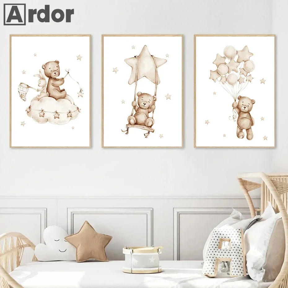 Custom Name Nursery Poster Bear Hot Air Balloon Wall Art Prints Boho Rainbow Sun Canvas Painting Pictures Baby Kids Room Dear