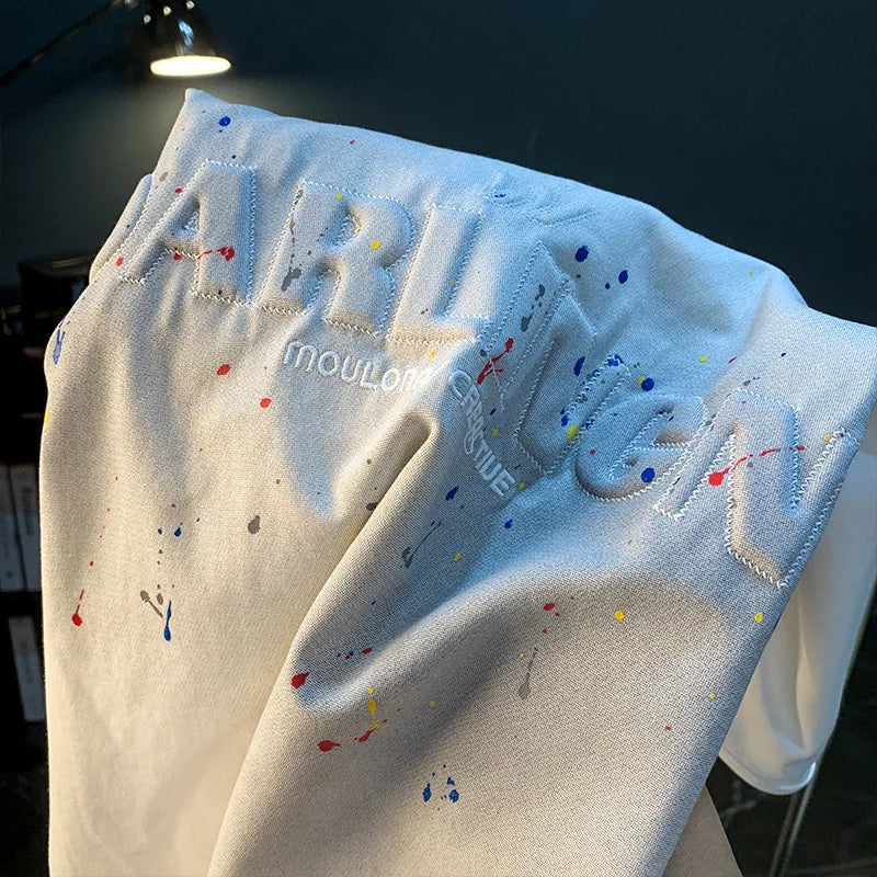 2025 Summer thin fashion high-end printed T-shirt men's 2025 trend embroidered paint splashed short sleeved top