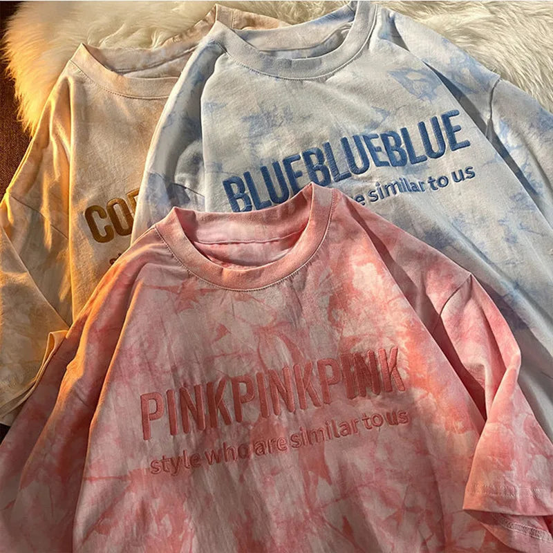 Tie-dye Embroidery Letter Short Sleeve Top Korean Popular Trendy Female T-shirt Summer New 2024 Fashion Y2K Tops