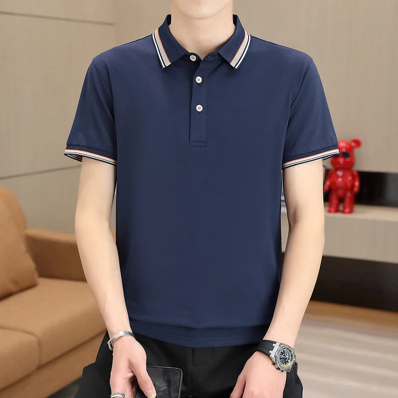 2025 Summer Casual Super Stretch Polo T-Shirt Men Turn Down Collar Slim Fit Solid Color Golf Top For Men Plus Size 4XL