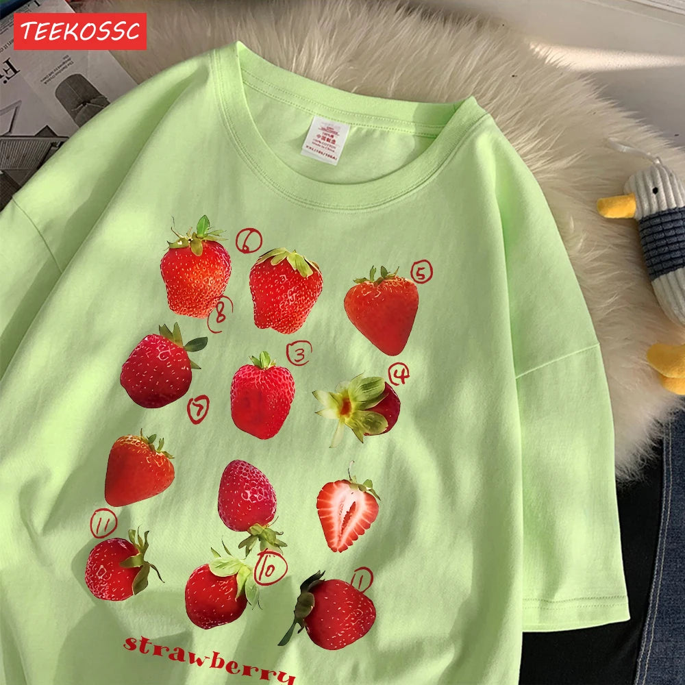 100% Cotton Women T-shirt Cute Fresh Strawberries Printed Tee Shirt Summer Comfortable Loose Tops Street Fashion Female Clothes