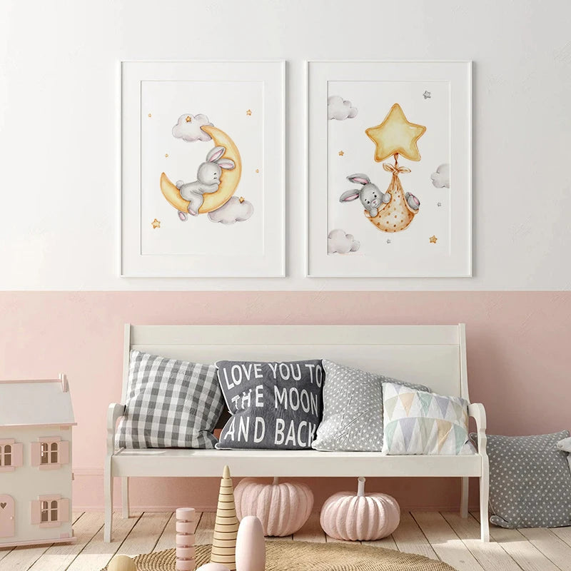Watercolor Cute Teddy Bear and Rabbit Nursery Wall Art Posters and Prints Canvas Paintings Mural Pictures for Baby and Kids Room