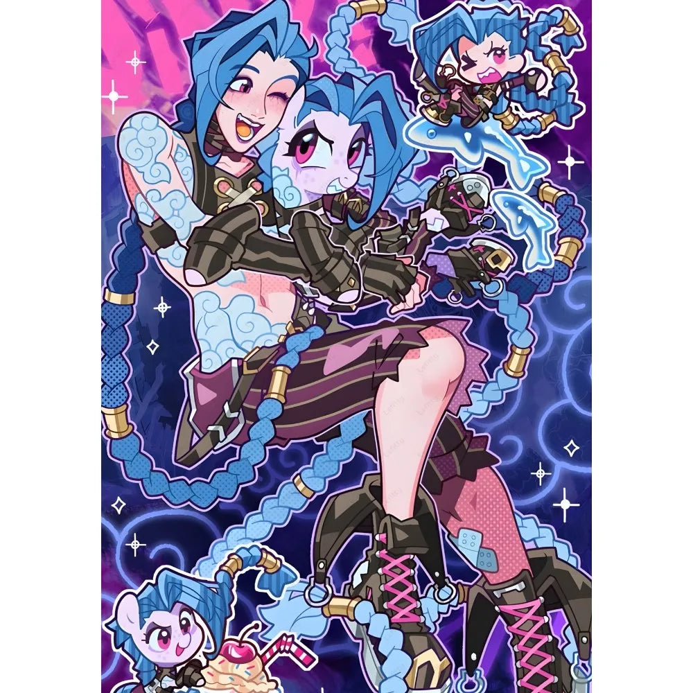 Cartoon Anime Game Arcane J-Jinx Main Art Poster Sticky Wall Art Printing Waterproof Home Living Bed Room Bar Aesthetic Decor