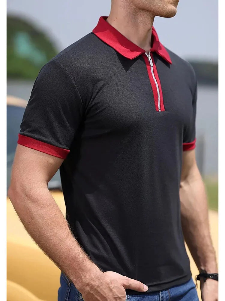 Summer Men's Polo Shirt Contrast Color Half Zipper Turn-down Collar Breathable Short Sleeve Tops Male Casual T-shirts