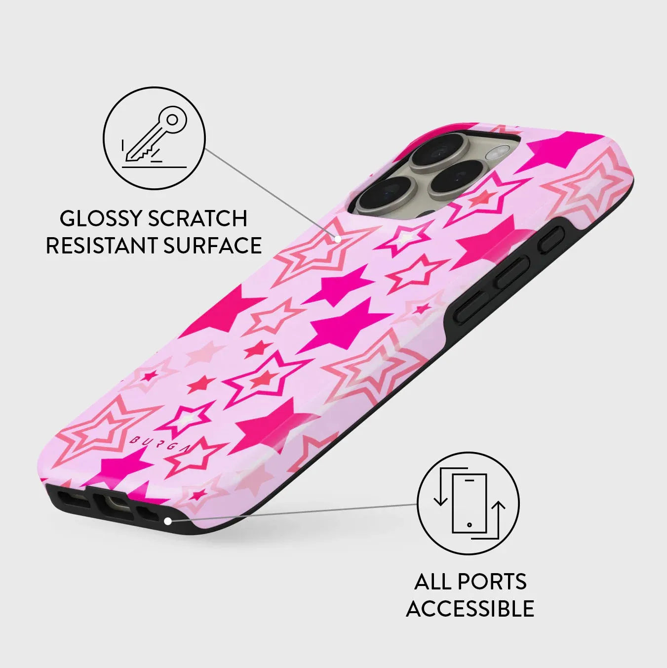 Pink Full Screen Stars BURGA Phone Case for iPhone 16 15 14 13 12 11 X XS XR XSMAX 7 8 Pro Max Plus Double-layer Back Cover