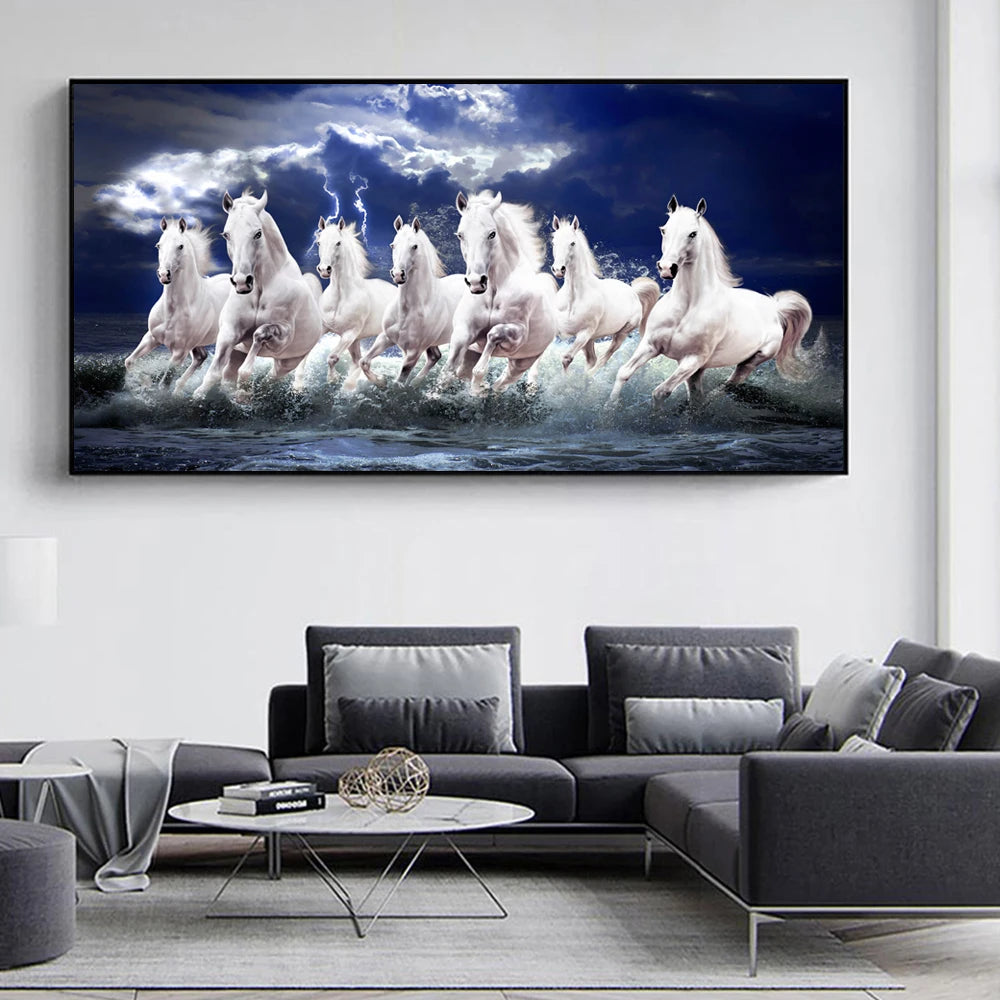 7 White Running Horses Canvas Painting Animal Posters and Prints Wall Art Picture