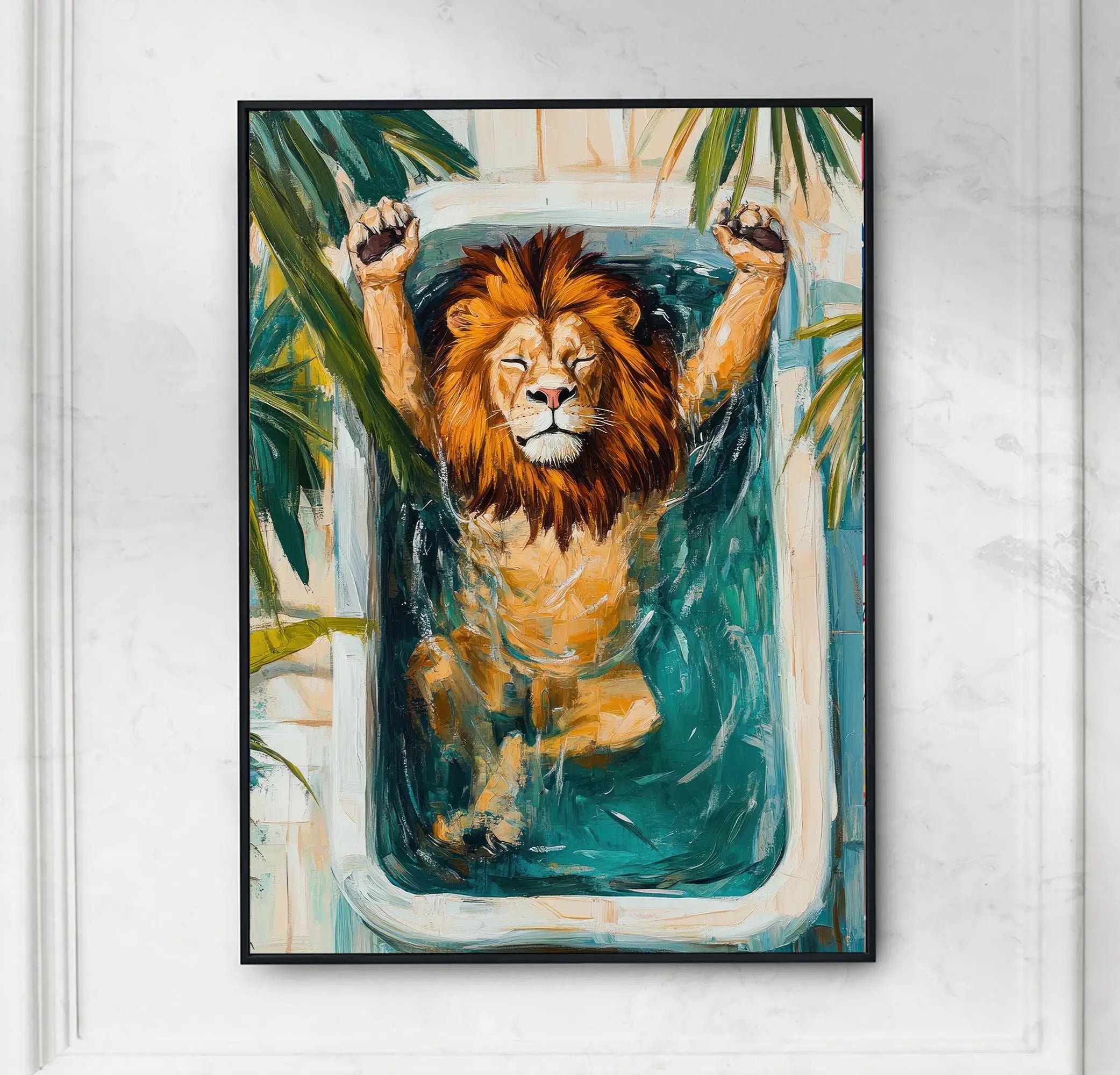 Relaxing Animal on Pool Float Summer Tropical Poster Lion Tiger Cat Canvas Painting Wall Art Fun Bathroom Living Room Home Decor