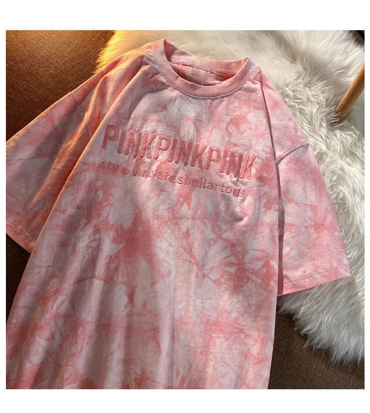 Tie-dye Embroidery Letter Short Sleeve Top Korean Popular Trendy Female T-shirt Summer New 2024 Fashion Y2K Tops