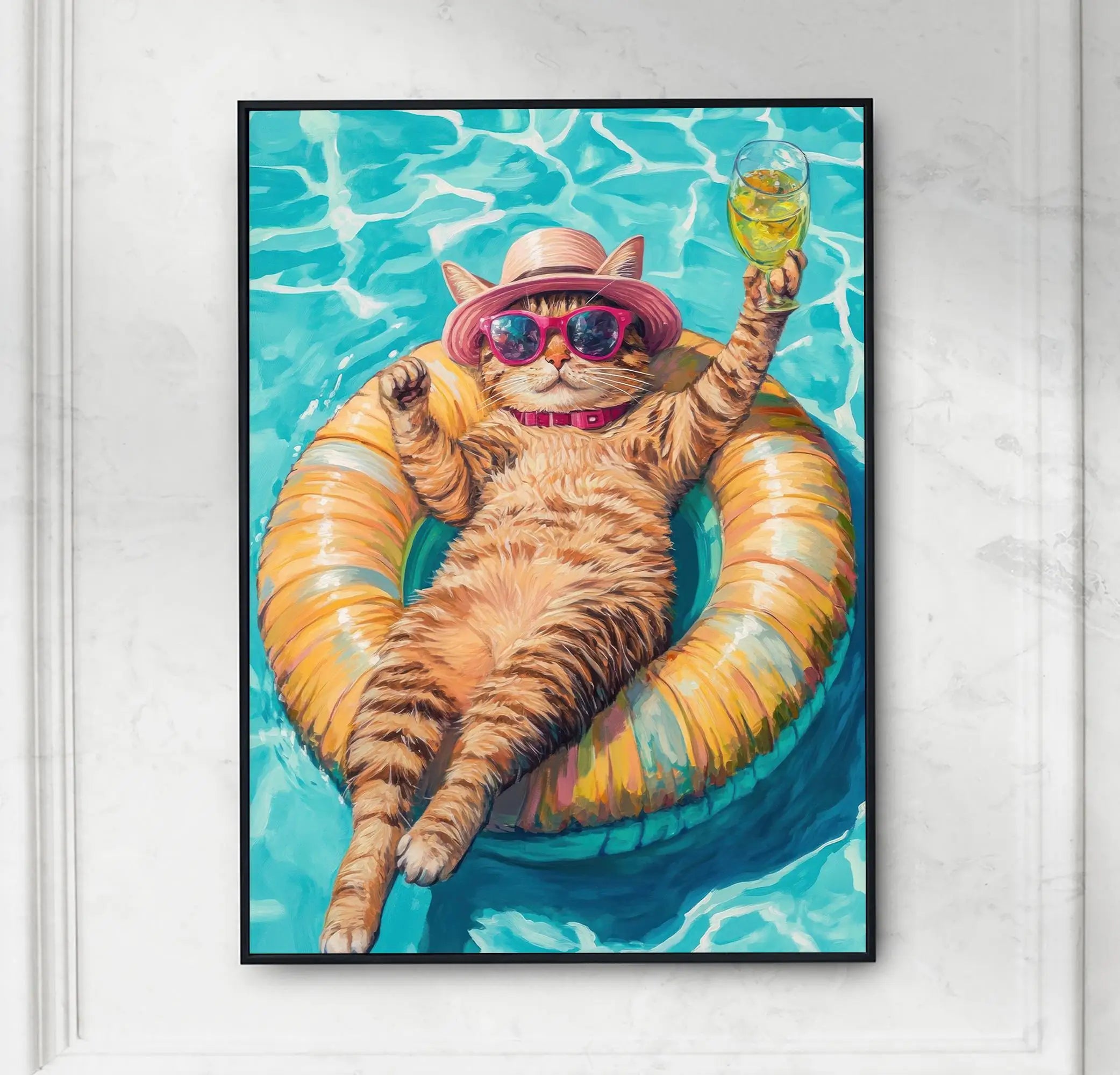 Relaxing Animal on Pool Float Summer Tropical Poster Lion Tiger Cat Canvas Painting Wall Art Fun Bathroom Living Room Home Decor
