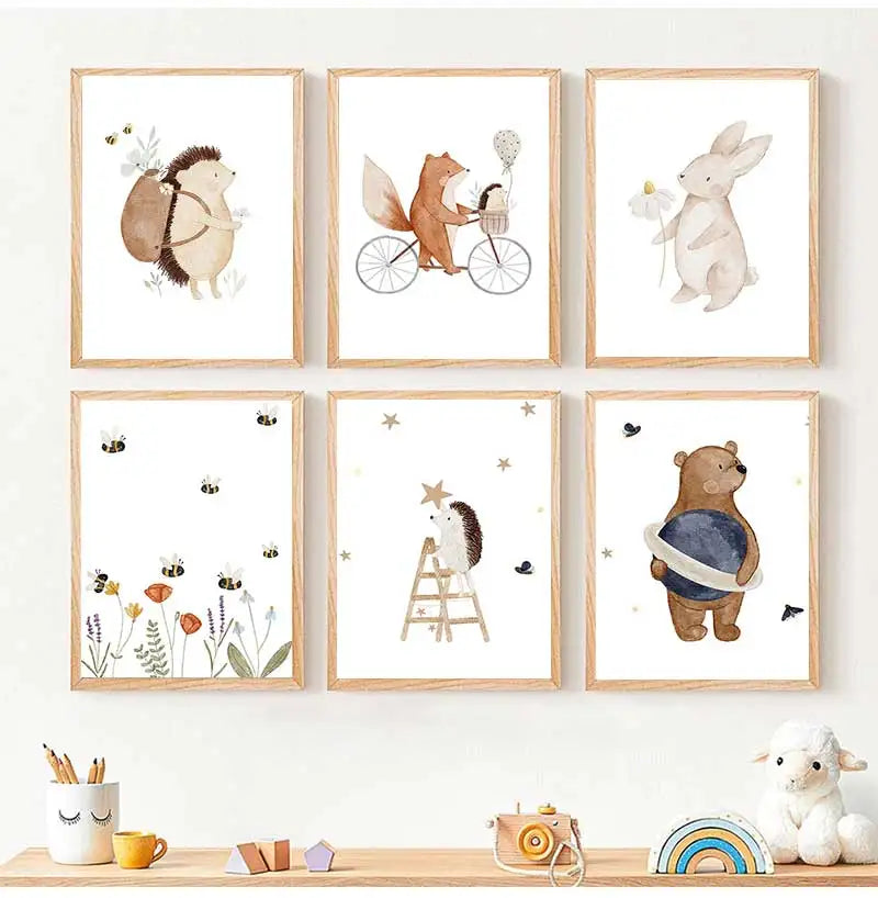 Boho Cartoon Canvas Painting, Fox, Rabbit, Bee, Bear, Hedgehog, Flower Posters, Art Prints, Wall Photos, Baby, Kids Room