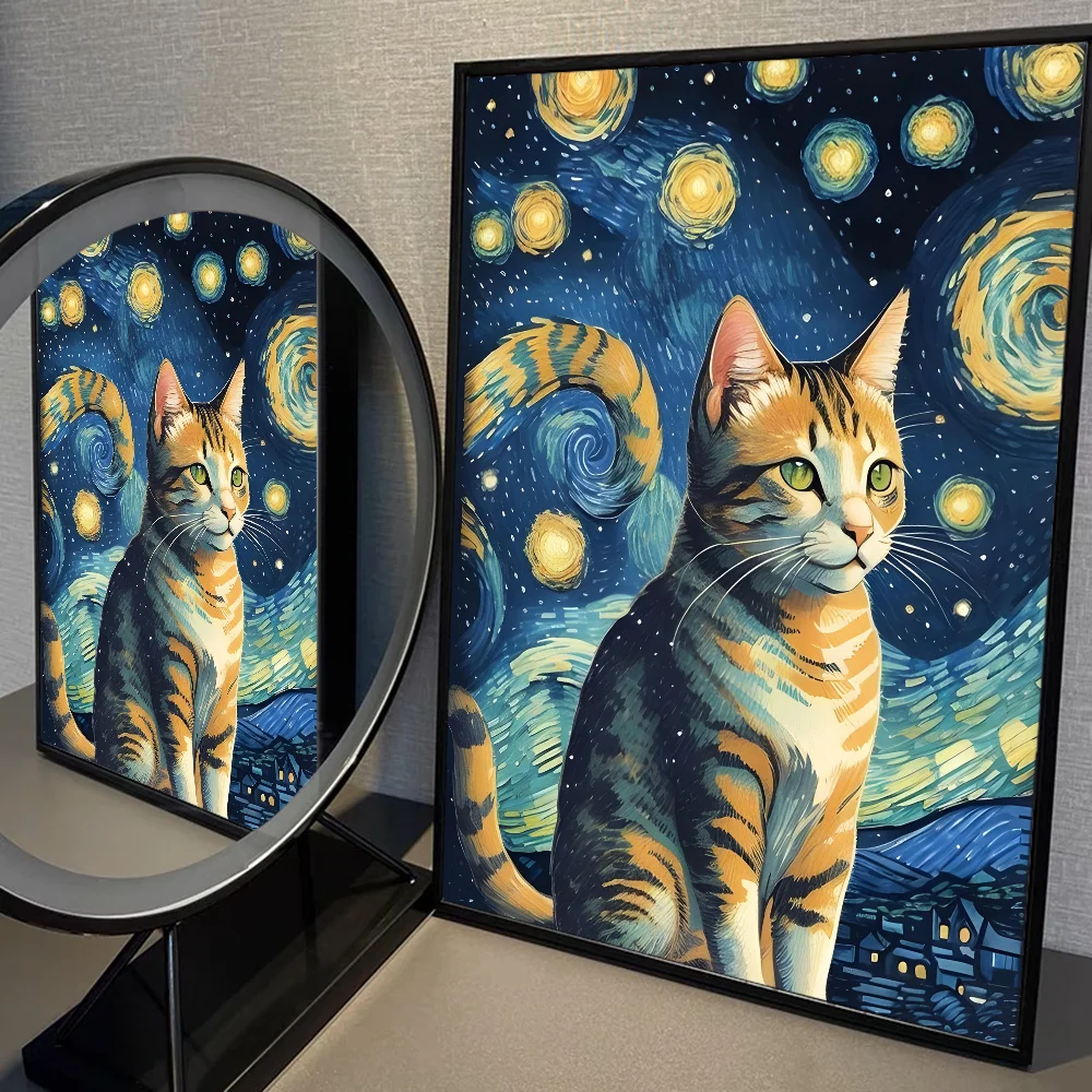 Van Gogh The Starry Night Romantic Black Cat WhitePaper Poster Sticker for Living Room Bar Decorants Aesthetic Art Wall Painting