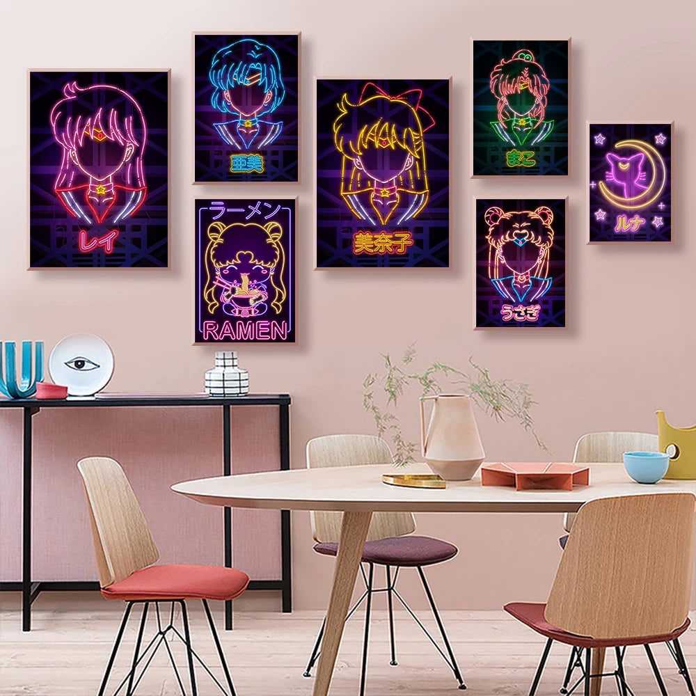 A2 A3 A4 Japanese Anime Neon Poster Sailor Moon Prints Canvas Painting Gamer Character Wall Art Pictures Girls Room Home Decor