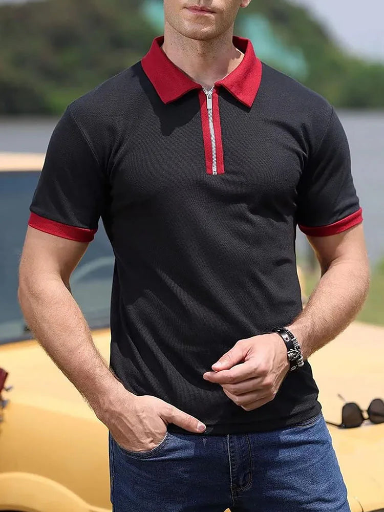 Summer Men's Polo Shirt Contrast Color Half Zipper Turn-down Collar Breathable Short Sleeve Tops Male Casual T-shirts