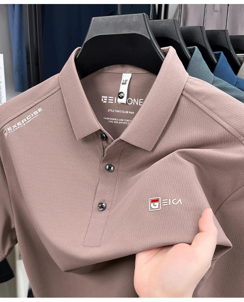 Luxury fashion men's short sleeve polo shirt summer new trend brand symbol embossed silky smooth loose breathable lapel T-shirt