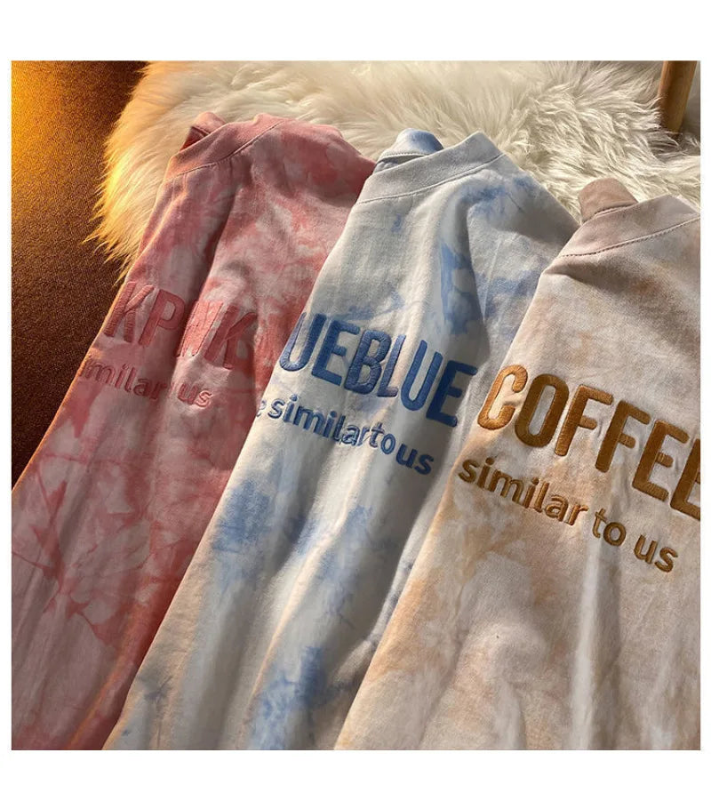 Tie-dye Embroidery Letter Short Sleeve Top Korean Popular Trendy Female T-shirt Summer New 2024 Fashion Y2K Tops