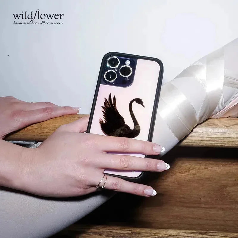 Wildflower 3D Black Swan Phone Case for iPhone 12 13 14 15 16 Pro Max Plus Fashion Sweet-Swan Lake Soft Edge Back Cover Cases