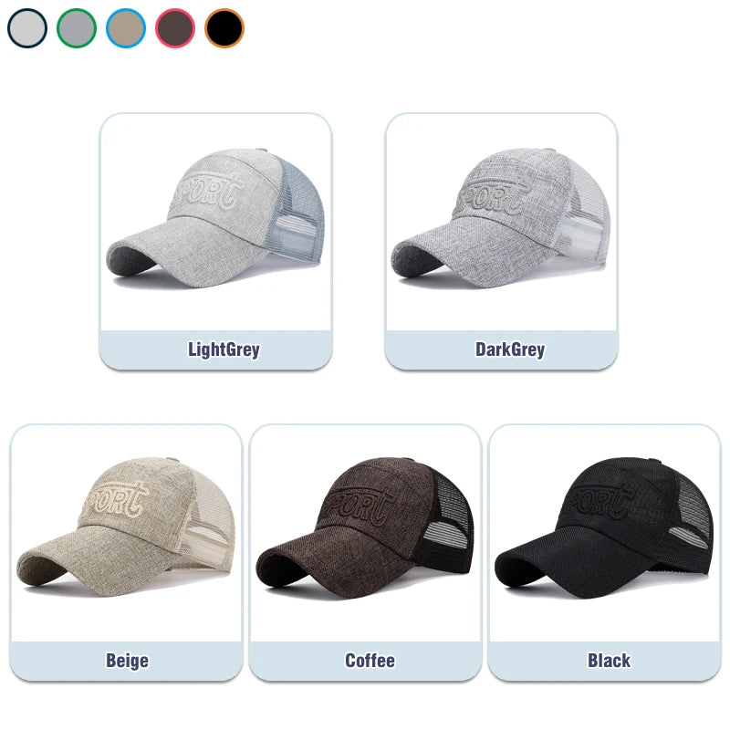 New Fashion Outdoor Sport Baseball Cap Casual Snapback Hats linen mesh fabric embroidery Suitable for spring summer and autumn