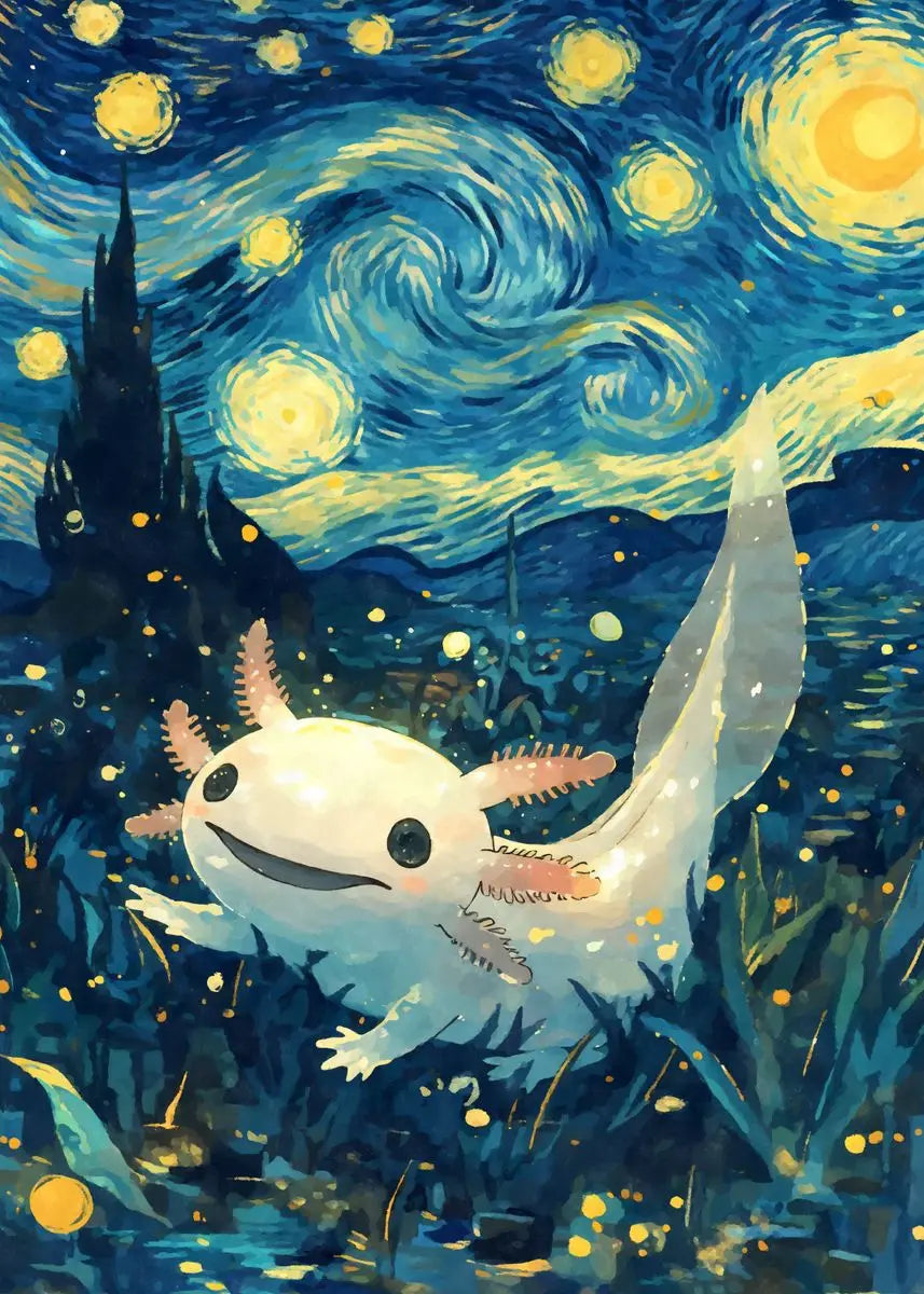 Starry Night Cute Animals Poster Cat Dog Axolotl Platypus Canvas Painting Abstract Wall Art Exhibition Living Room Home Decor