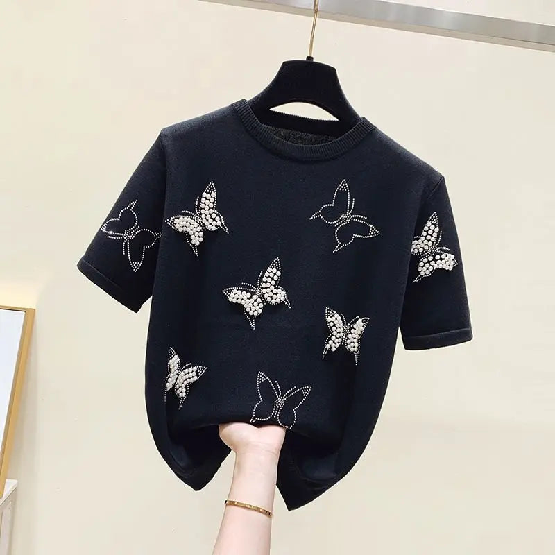 Women Clothing Chic Bow Knot Embroidered Flares T-shirt Summer Elegant O-neck Short Sleeve Knit Top Tee Office Lady Pullovers