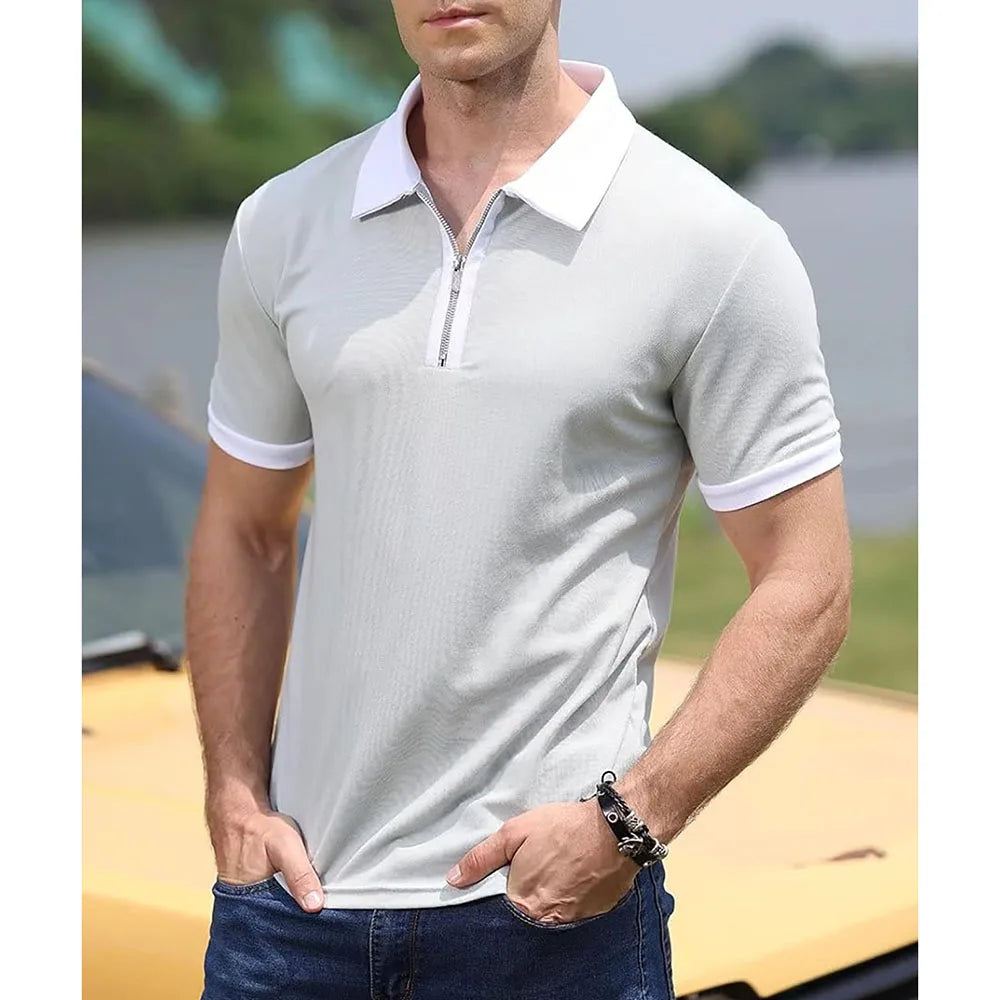 Summer Men's Polo Shirt Contrast Color Half Zipper Turn-down Collar Breathable Short Sleeve Tops Male Casual T-shirts