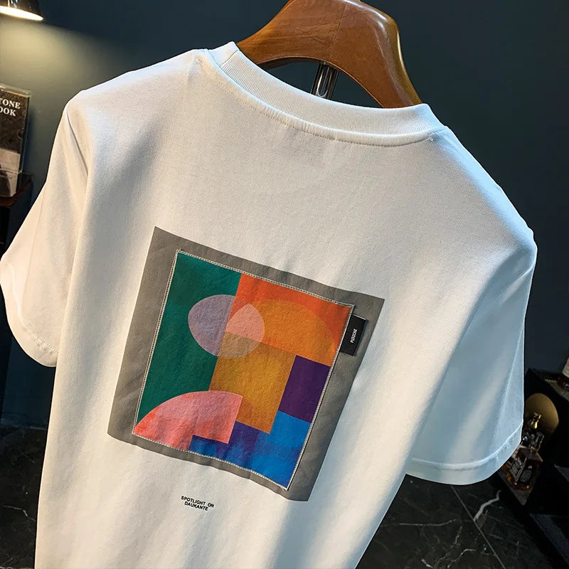 2025 Summer New Geometric Creative Printed Short sleeved T-shirt for Men, Comfortable, Versatile, Premium Embroidered Top