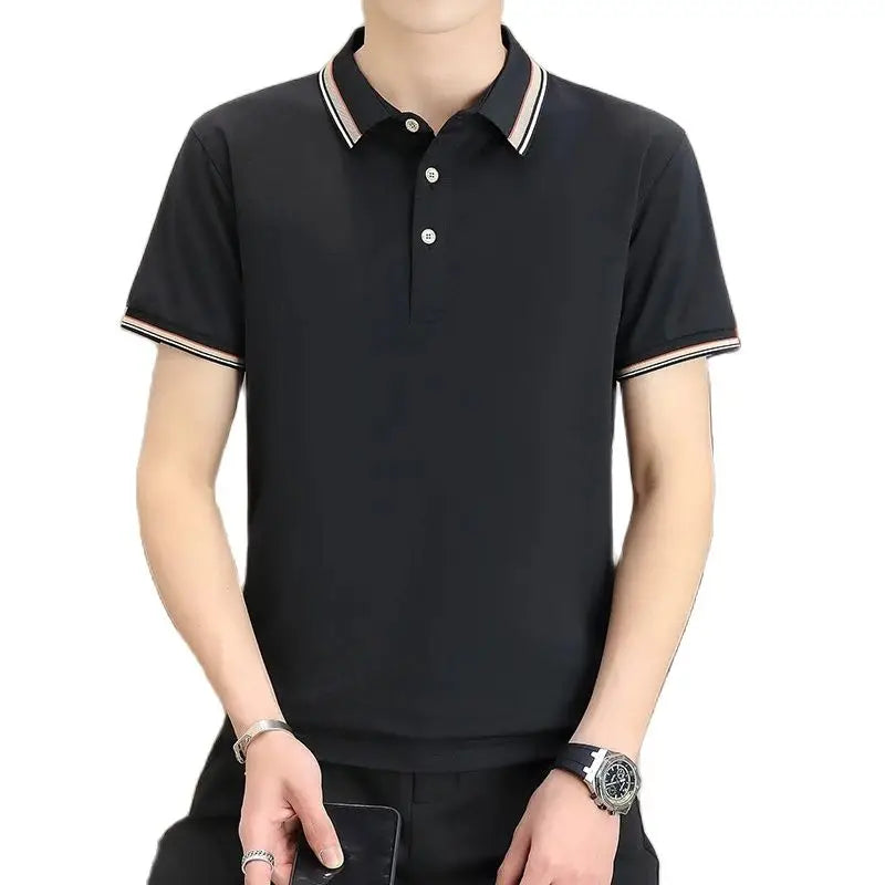 2025 Summer Casual Super Stretch Polo T-Shirt Men Turn Down Collar Slim Fit Solid Color Golf Top For Men Plus Size 4XL