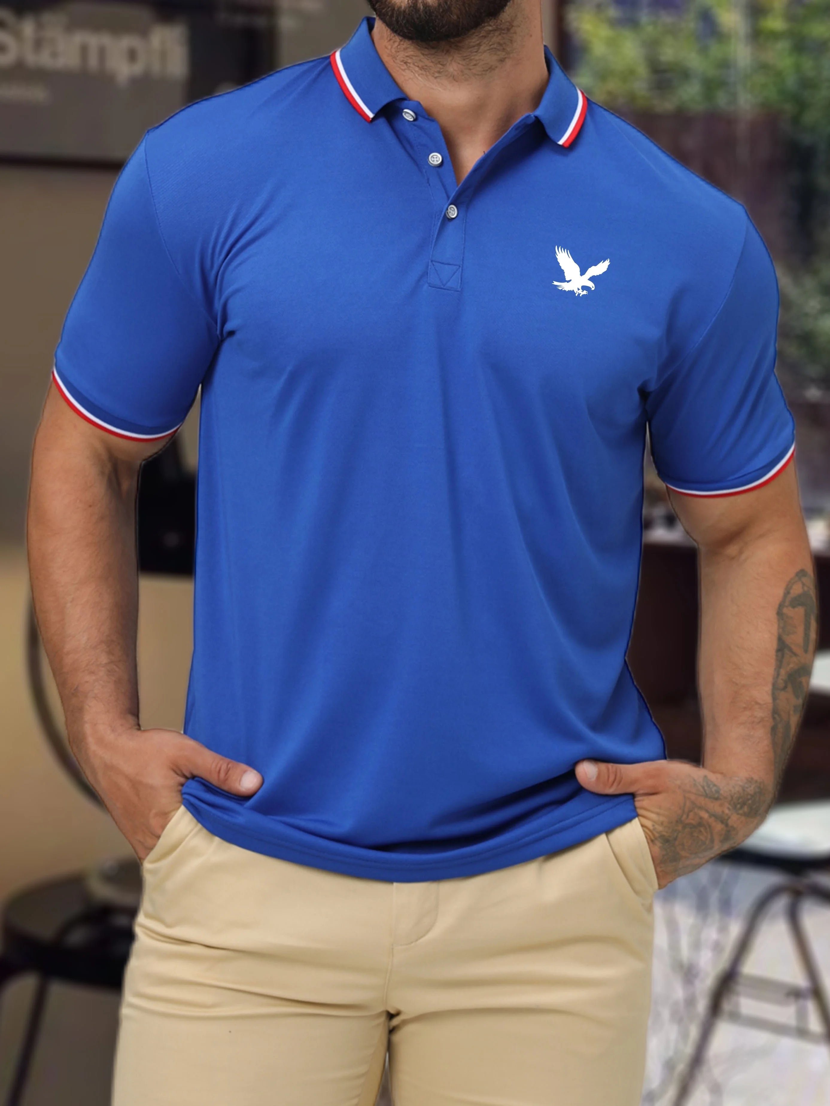 Men's Summer 100 Cotton Eagle Pattern Print Loose Large Casual Polo Collar Short Sleeve POLO Shirt Top