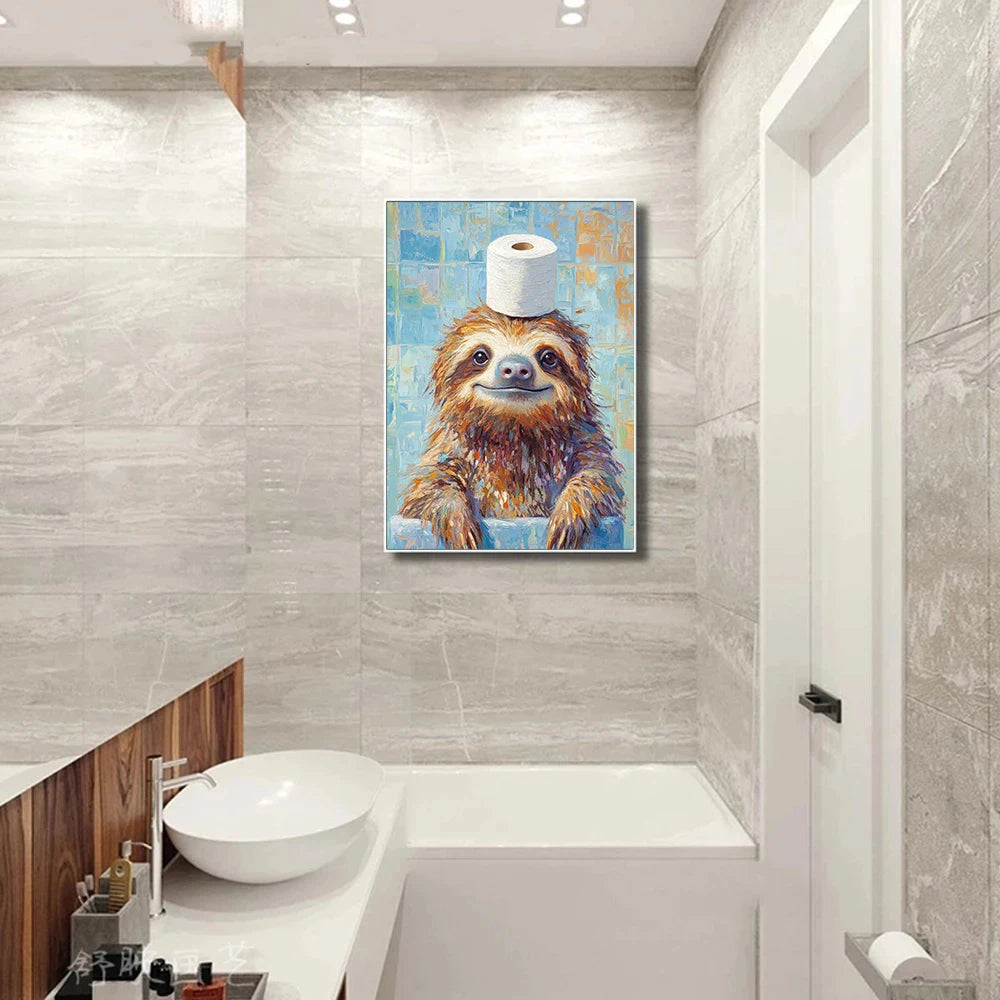Giraffe Cat Raccoon With Toilet Paper Cute Animals Poster Print Canvas Painting Oil Bathroom Wall Art Funny Humor Home Decor