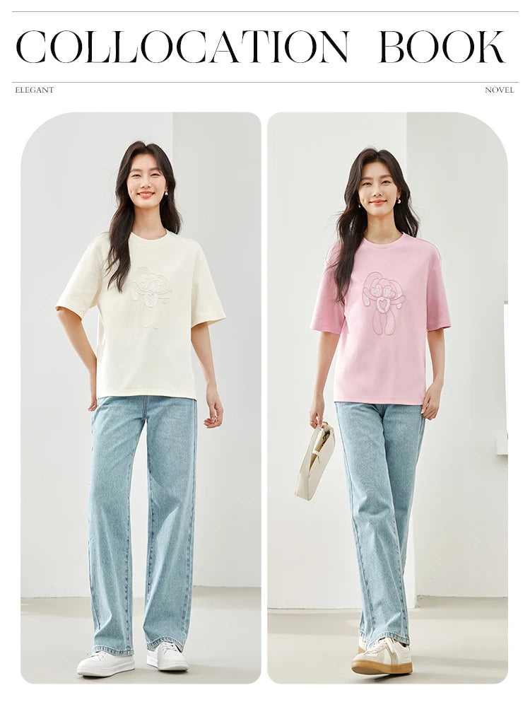 Vimly Summer Short Sleeve Women's T-shirt Simple Round Neck Straight Loose Casual Embroidery Cotton Top Basic Tees M5617