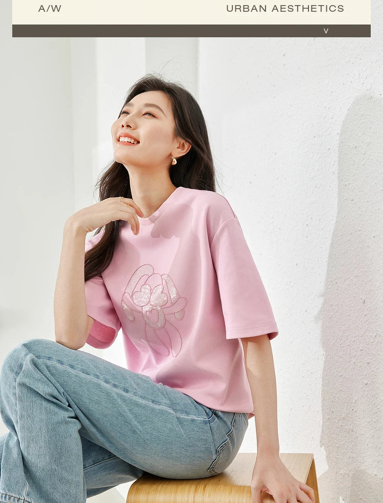 Vimly Summer Short Sleeve Women's T-shirt Simple Round Neck Straight Loose Casual Embroidery Cotton Top Basic Tees M5617
