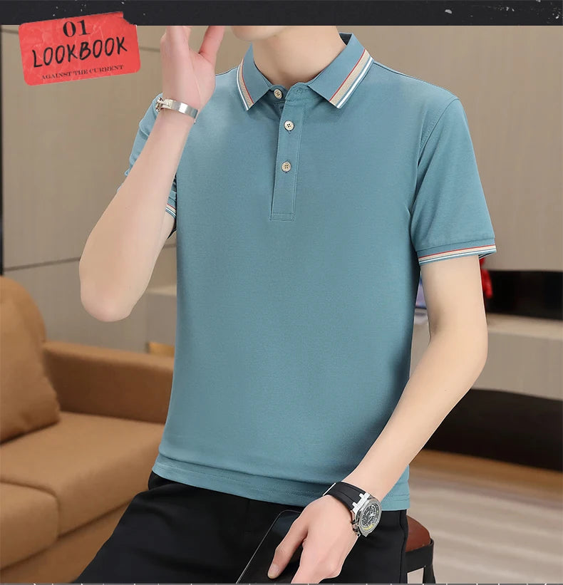 2025 Summer Casual Super Stretch Polo T-Shirt Men Turn Down Collar Slim Fit Solid Color Golf Top For Men Plus Size 4XL