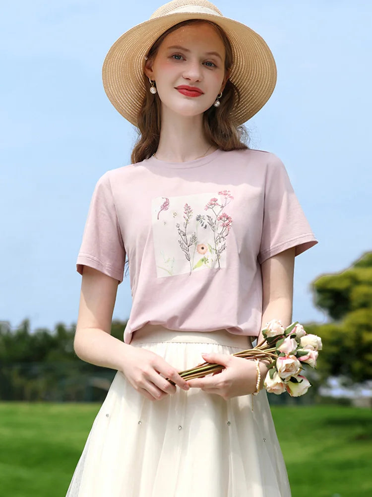 I BELIEVE YOU Women's Pink Top Heat Transfer Pattern Embroidery Round Neck Short Sleeve New Style Summer Chic T-Shirt 2252016049