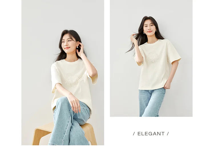 Vimly Summer Short Sleeve Women's T-shirt Simple Round Neck Straight Loose Casual Embroidery Cotton Top Basic Tees M5617
