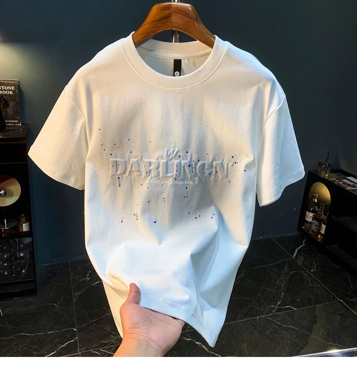 2025 Summer thin fashion high-end printed T-shirt men's 2025 trend embroidered paint splashed short sleeved top