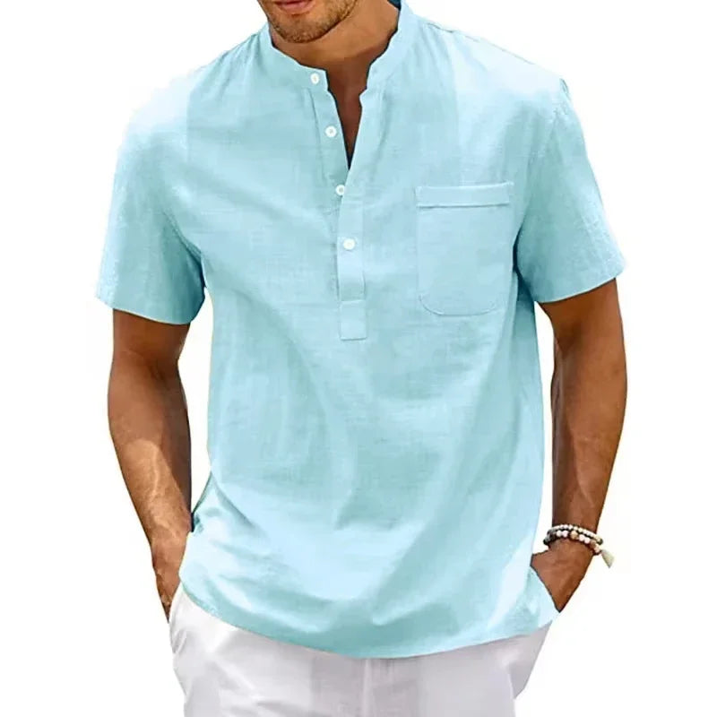 Summer Men's Short Sleeve Cotton Polo Shirts Solid Color Stand Loose Pullover Shirts Thin Soft Breathable Button T-shirt Top