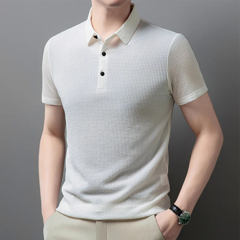 2025 Men's Business Casual Short Sleeved Bone Flower Solid Color POLO Shirt Fashion Breathable Comfortable Summer Versatile Top