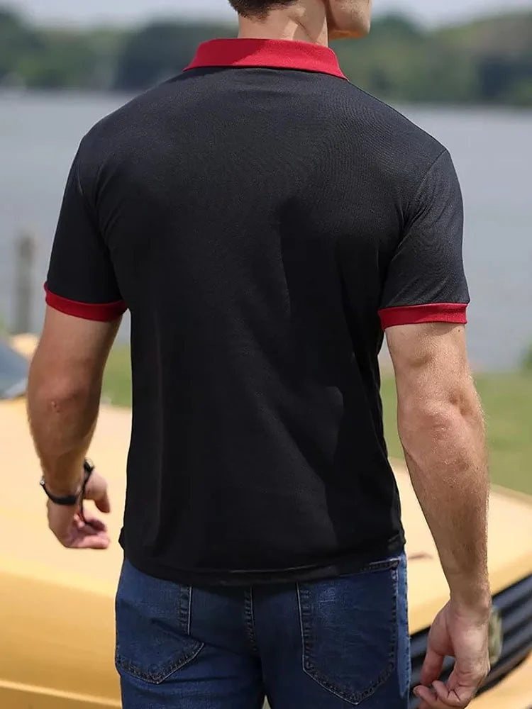 Summer Men's Polo Shirt Contrast Color Half Zipper Turn-down Collar Breathable Short Sleeve Tops Male Casual T-shirts