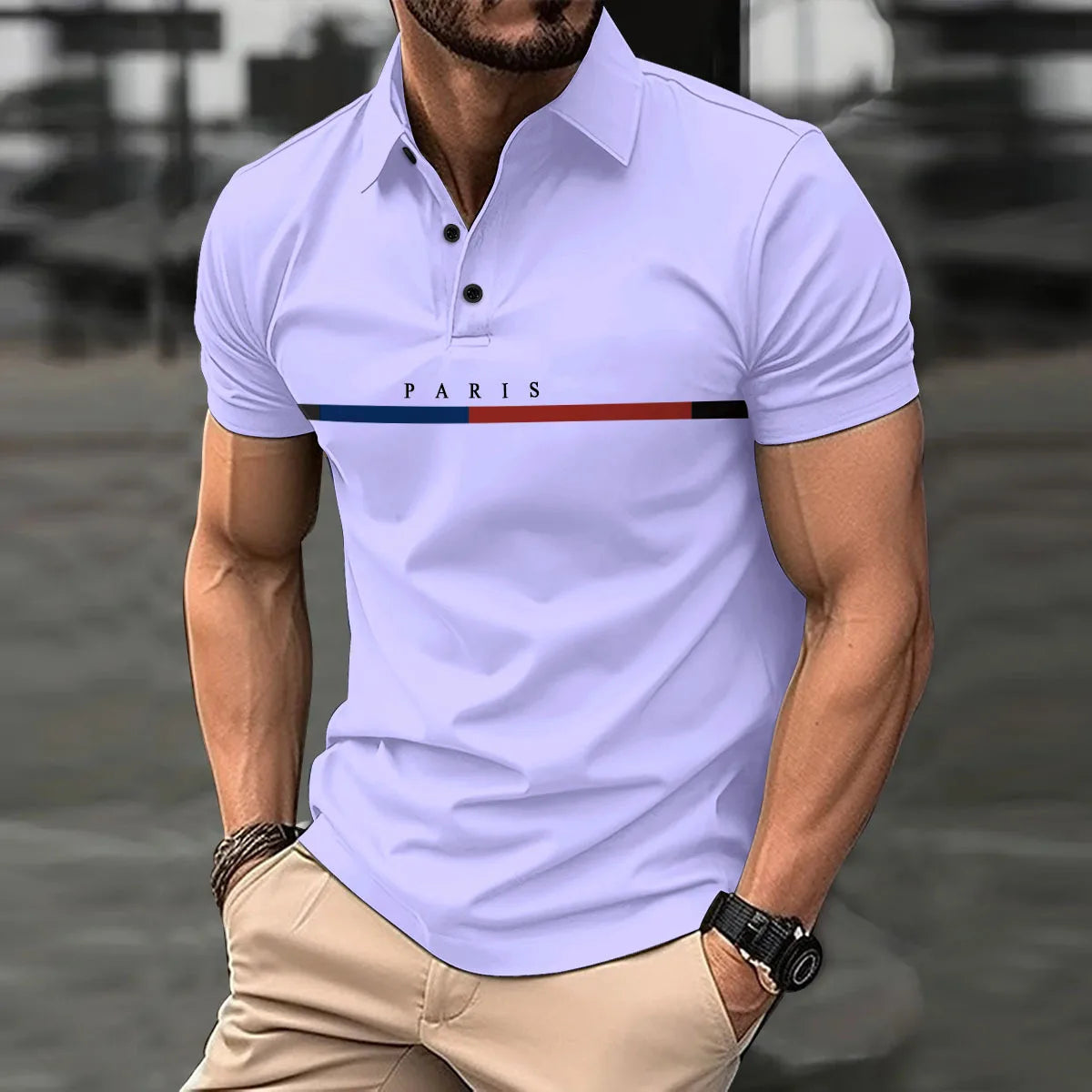 Fashionable men's new summer short-sleeved printed striped French color button lapel POLO shirt sports casual slim shirt