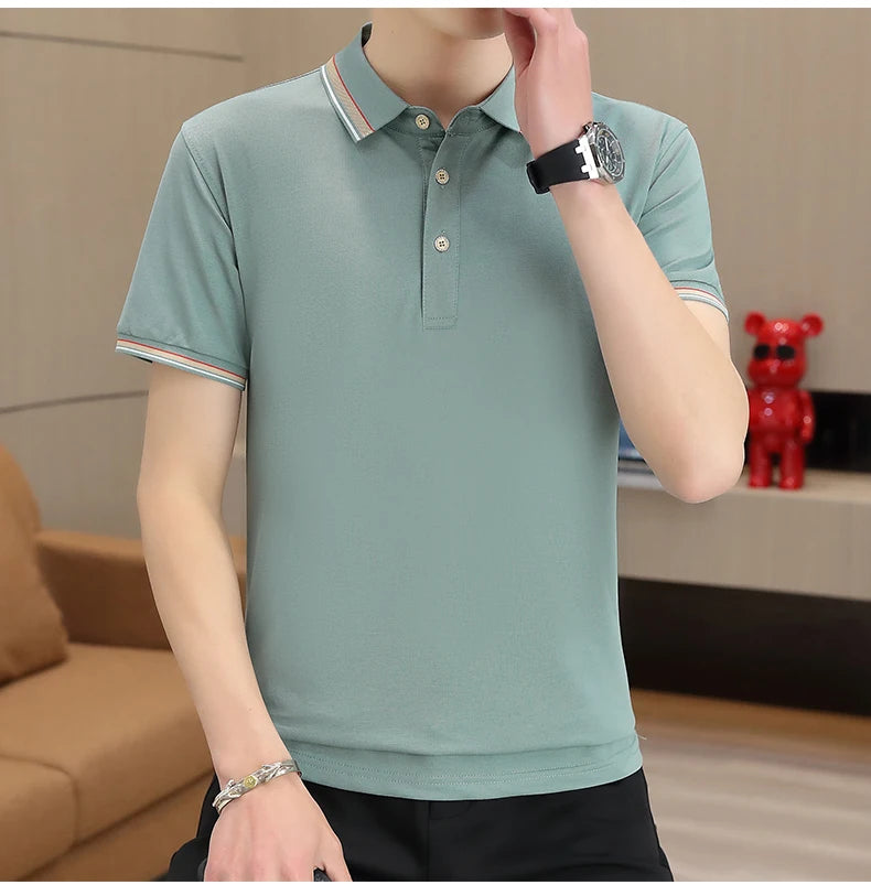 2025 Summer Casual Super Stretch Polo T-Shirt Men Turn Down Collar Slim Fit Solid Color Golf Top For Men Plus Size 4XL