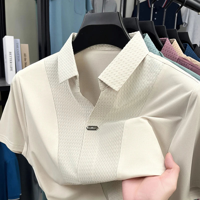 Personality jacquard splicing short sleeve Polo shirt men ice silk breathable high quality fashionable buttonless V-neck T-shirt