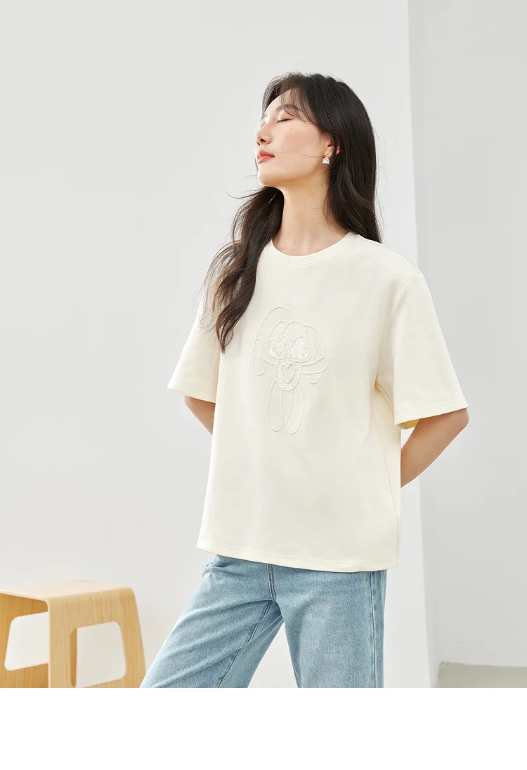 Vimly Summer Short Sleeve Women's T-shirt Simple Round Neck Straight Loose Casual Embroidery Cotton Top Basic Tees M5617