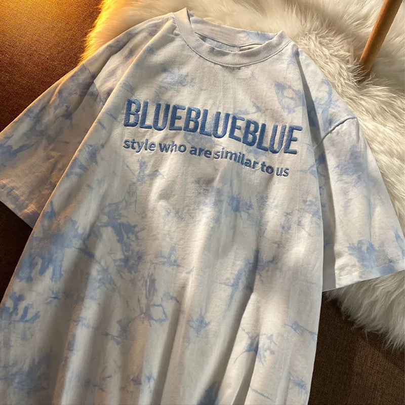 Tie-dye Embroidery Letter Short Sleeve Top Korean Popular Trendy Female T-shirt Summer New 2024 Fashion Y2K Tops