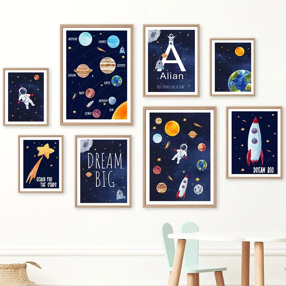 Custom Name Kids Room Decorative Wall Art Prints Space Astronaut Interior Poster Baby Canvas Decoration Wall Pictures Home Decor