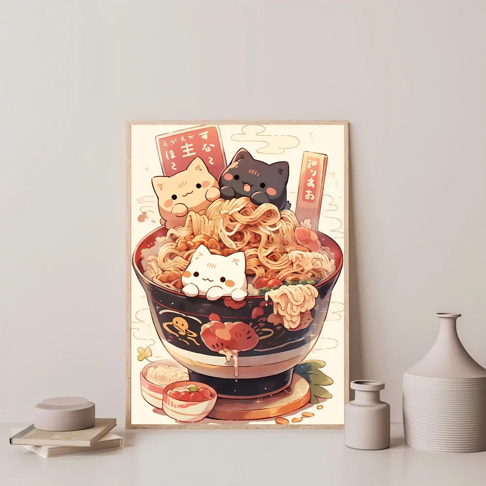 1pc Hot Style Kawaii Japanese Ramen Animal Cat Poster HD Posters Home Room Bar Cafe Decor Art Wall Painting Picture