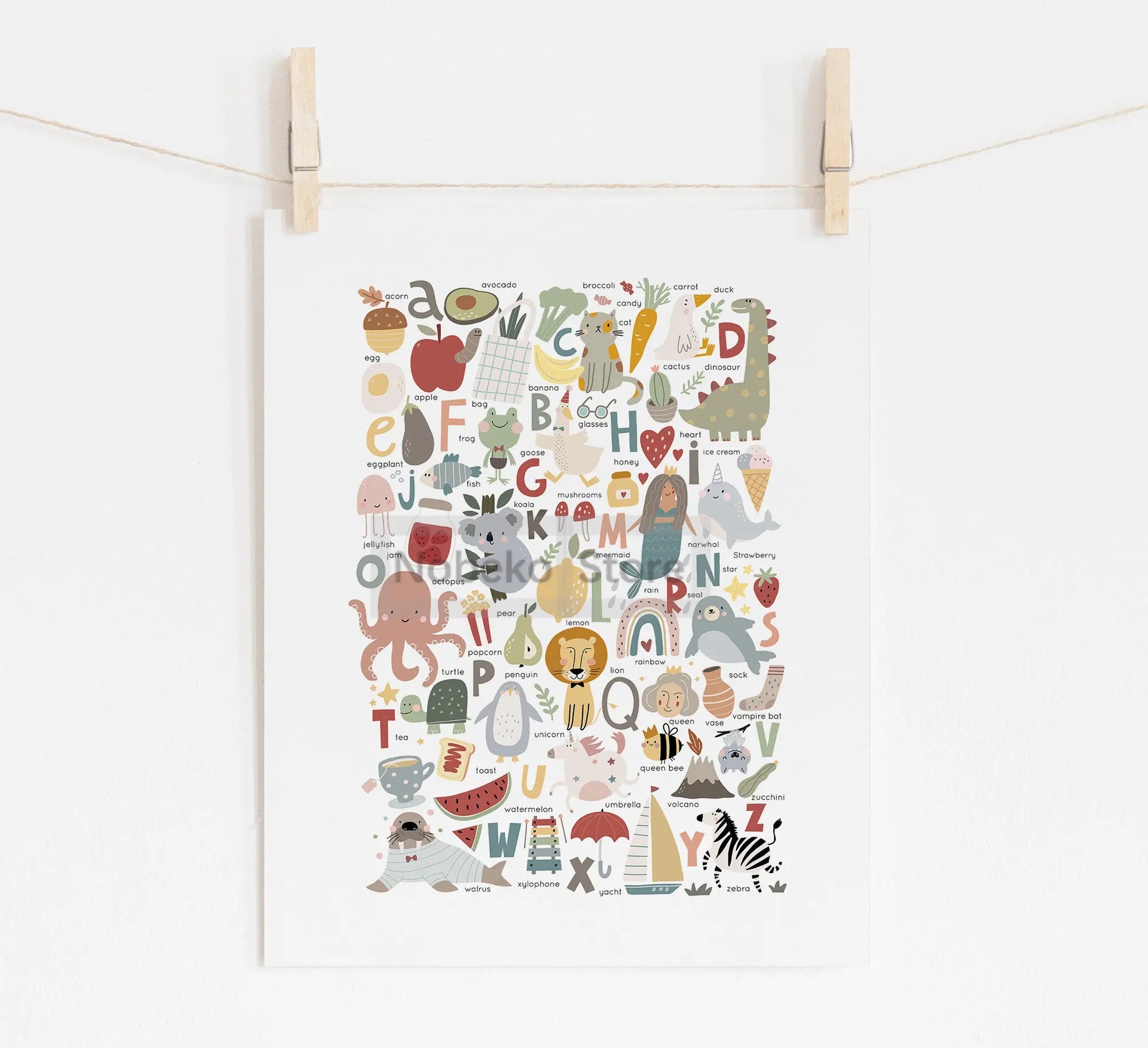 Animal Alphabet Educational Posters Watercolor Animals Prints Canvas Wall Art Pictures Neutral Nursery and Playroom Decoration