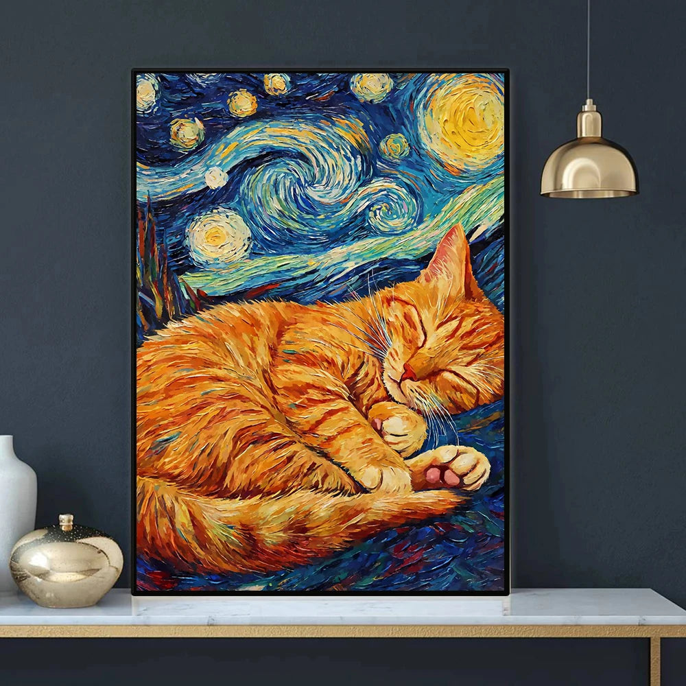 Starry Night Cute Animals Poster Cat Dog Axolotl Platypus Canvas Painting Abstract Wall Art Exhibition Living Room Home Decor
